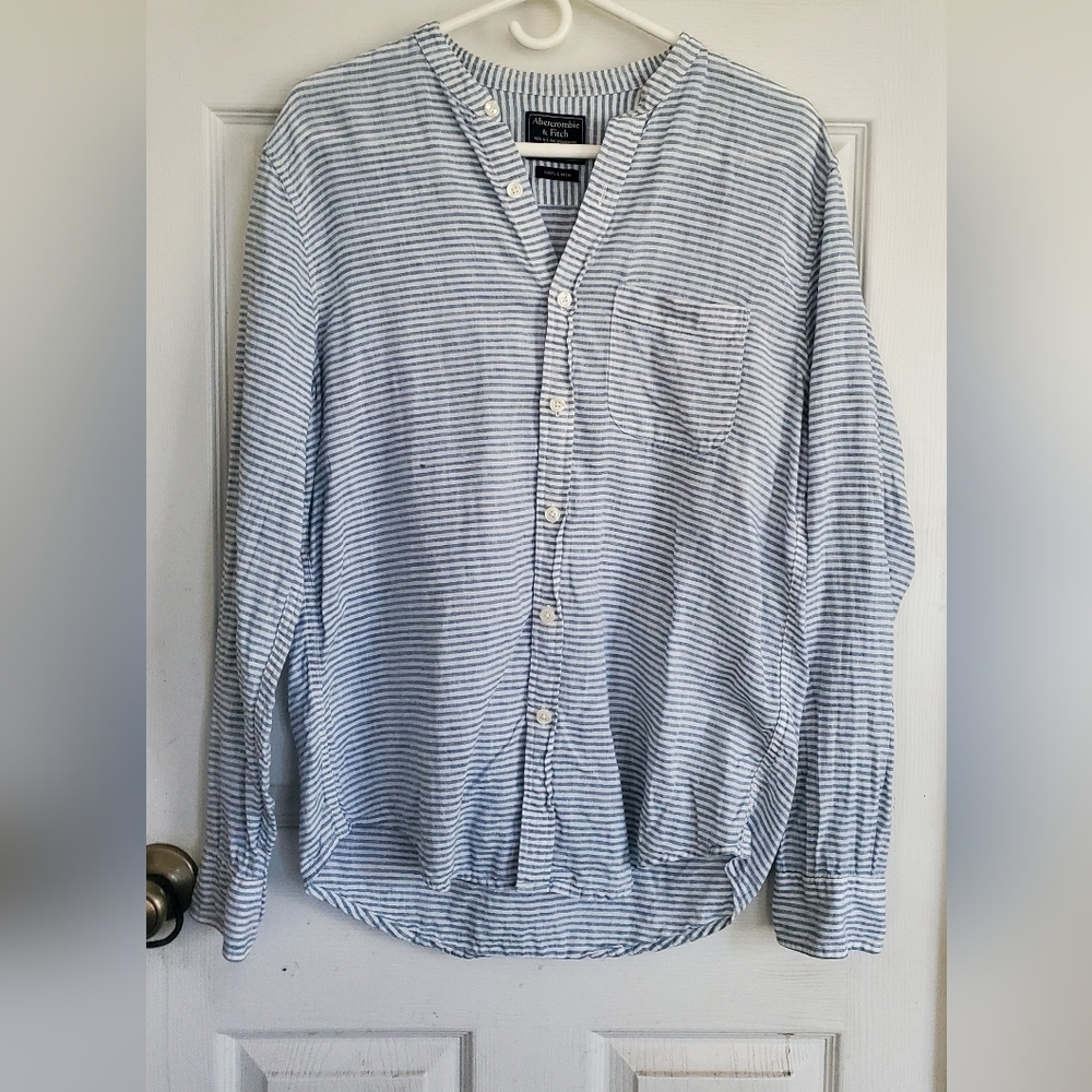 Abercrombie & Fitch 100% Linen Men's Light Blue Striped Button Down Shirt, SZ M